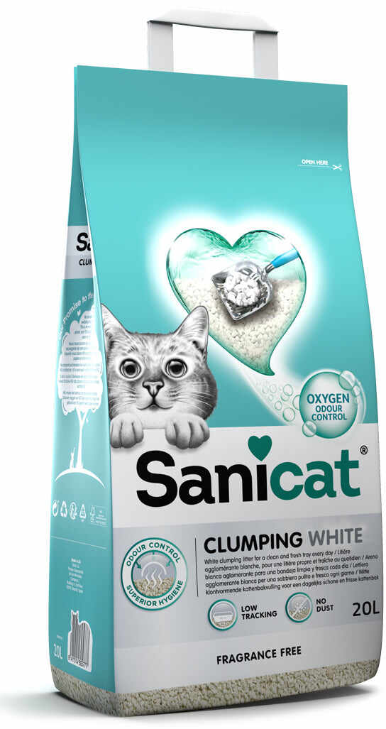 SANICAT Clumping White, Nisip pentru pisici, fără aromă, 20L/18kg