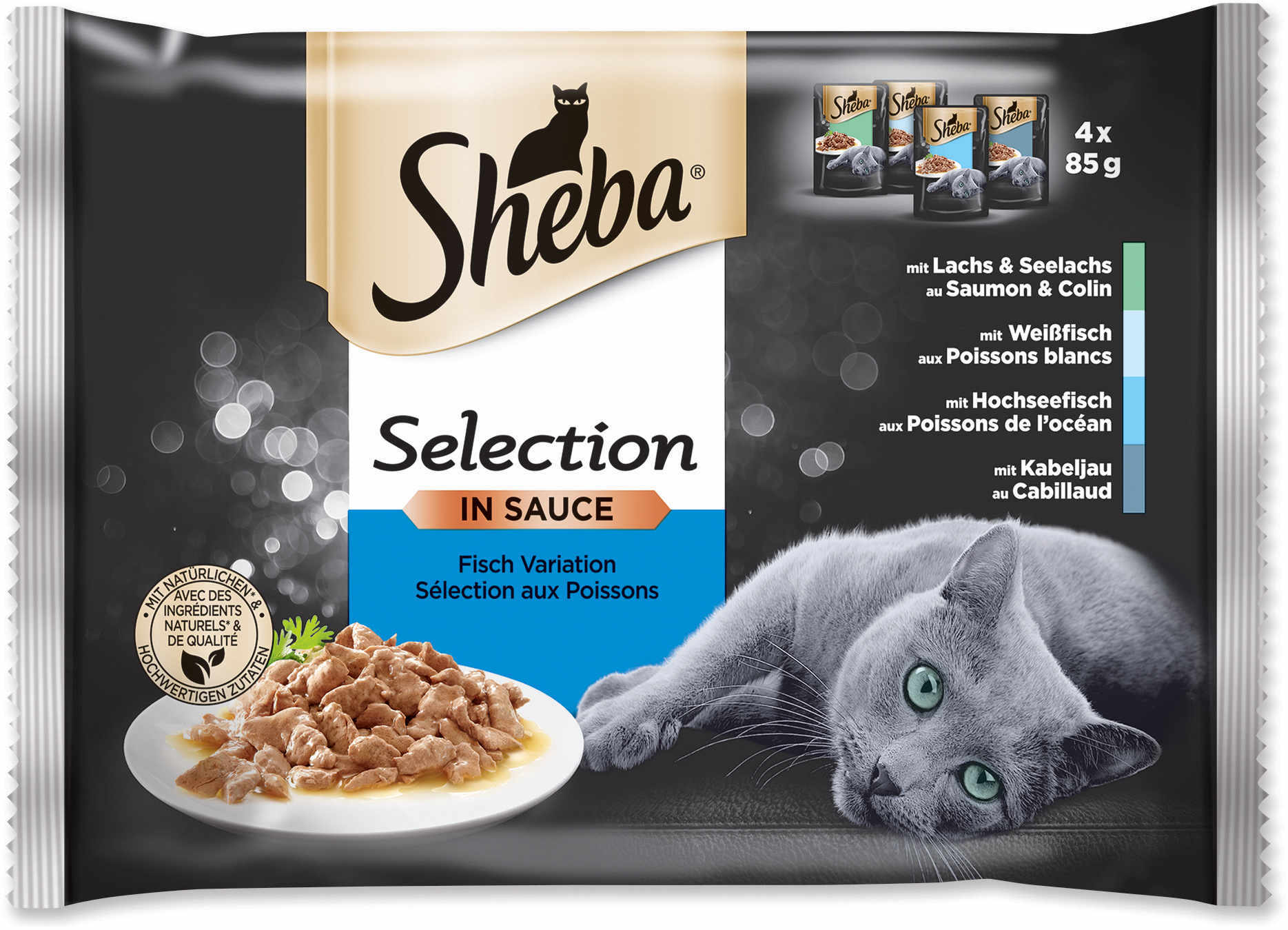 SHEBA Selection Pachet plicuri pt pisici, cu Peşte alb şi Somon, Cod, Ton 4x85g