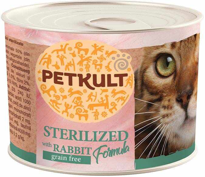PETKULT Conservă pentru pisici sterilizate, cu Iepure 185g
