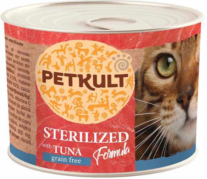 PETKULT Conservă pentru pisici sterilizate, cu Ton 185g
