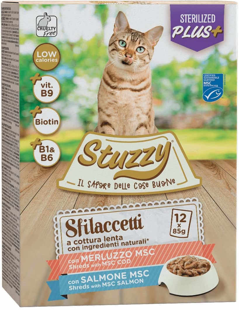 STUZZY Sfilacetti Pachet plicuri pentru pisici sterilizate Cod/Somon12x85g