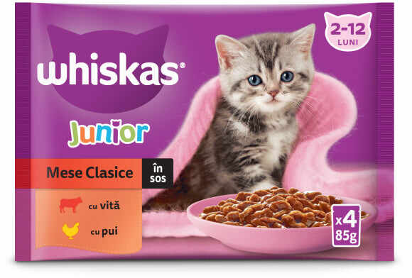 WHISKAS Classic JUNIOR Mix plicuri pisicuţe, Vită/Pui în sos 4x85g