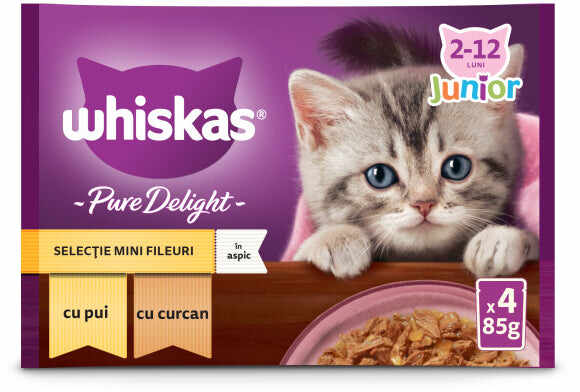 WHISKAS Pure Delight JUNIOR Mix plicuri pisicuţe, cu Pui/Curcan în aspic4x85g