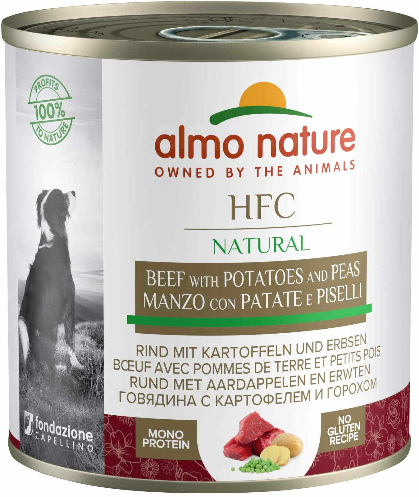ALMO NATURE HFC Conservă pentru câini, cu vită, cartofi şi mazăre 290g
