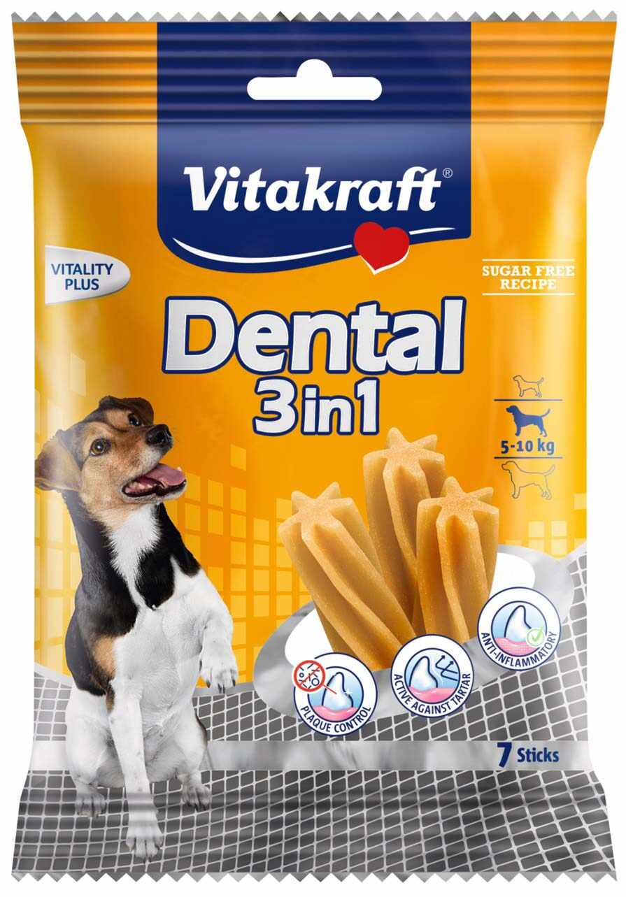 VITAKRAFT Recompensă pentru câini Dental 3-în-1, S (câini 5-10kg), 120g