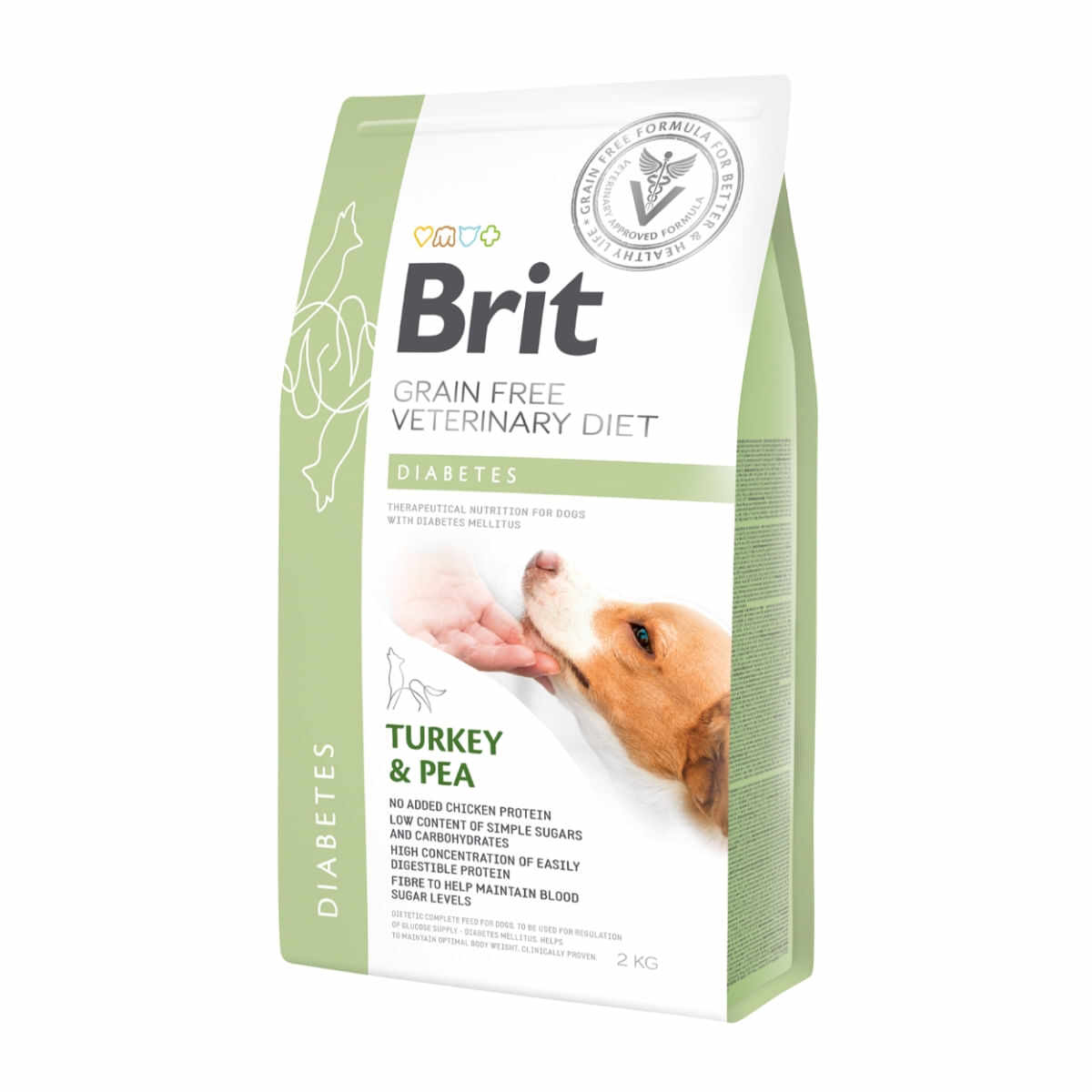 BRIT GF Veterinary Diet Diabetes, Curcan cu Mazăre, dietă veterinară câini, hrană uscată fără cereale, afecțiuni metabolice (diabet), 2kg