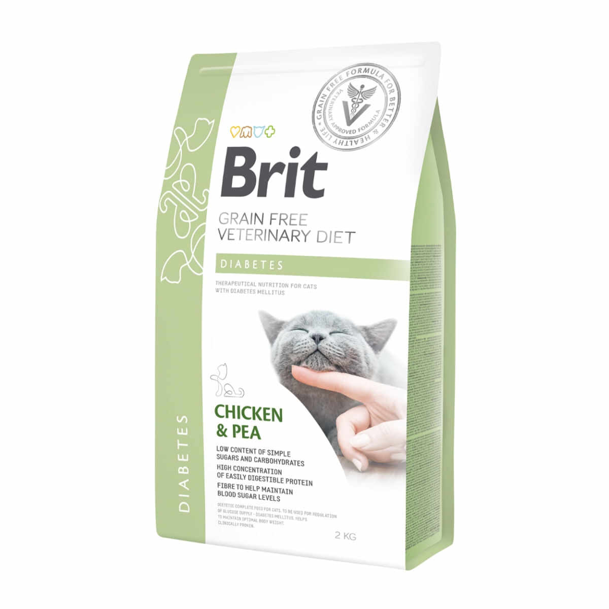 BRIT GF Veterinary Diet Diabetes, Pui cu Mazăre, dietă veterinară pisici, hrană uscată fără cereale, afecțiuni metabolice (diabet), 2kg