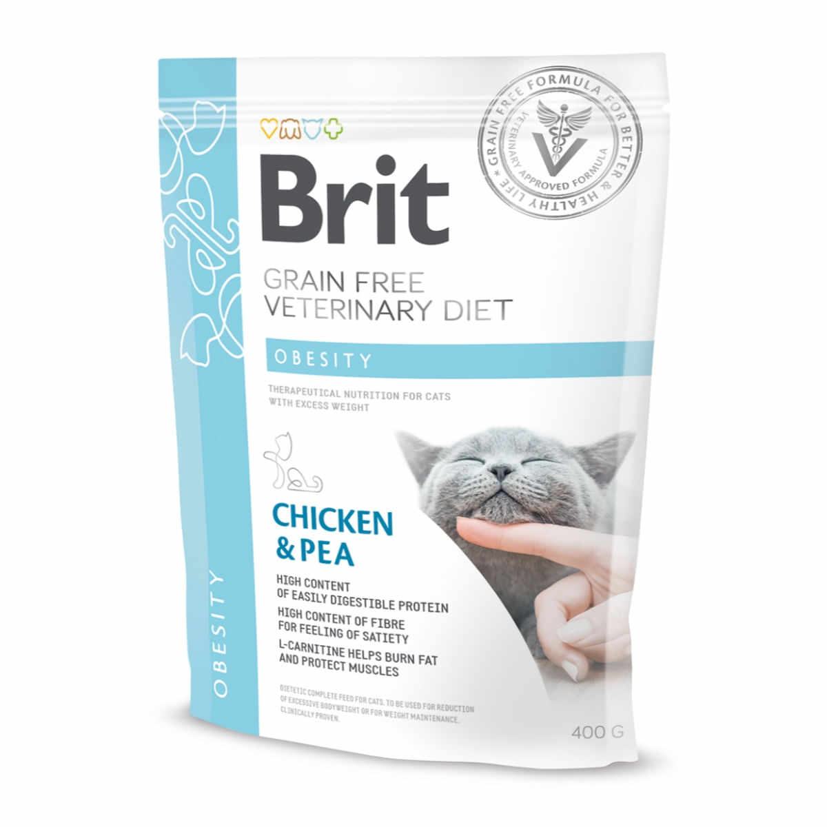 BRIT GF Veterinary Diet Obesity, Pui cu Mazăre, dietă veterinară pisici, hrană uscată fără cereale, afecțiuni metabolice (obezitate), 400g