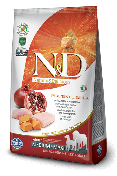 N&D Grain Free Adult Medium si Maxi, Pui, Rodie si Dovleac, 2.5 Kg