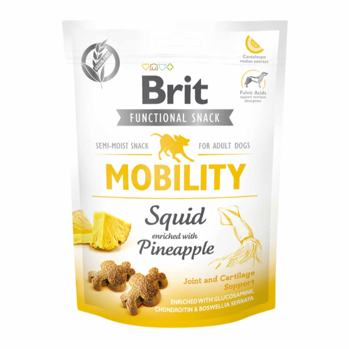 BRIT Care Functional Snack Mobility, Calamar cu Ananas, recompense funționale fără cereale câini, sensibilitati articulare, 150g