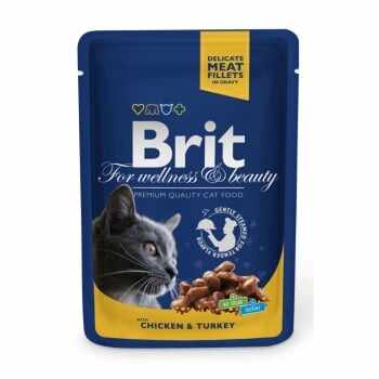 BRIT Premium, Pui și Curcan, plic hrană umedă pisici, (în sos), 100g