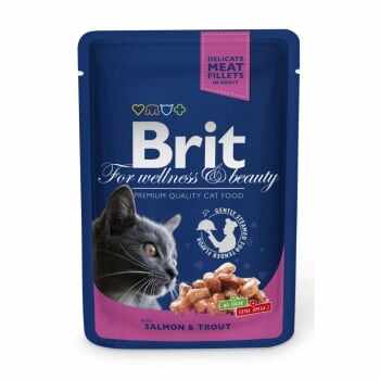 BRIT Premium, Somon și Păstrăv, plic hrană umedă pisici, (în sos), 100g