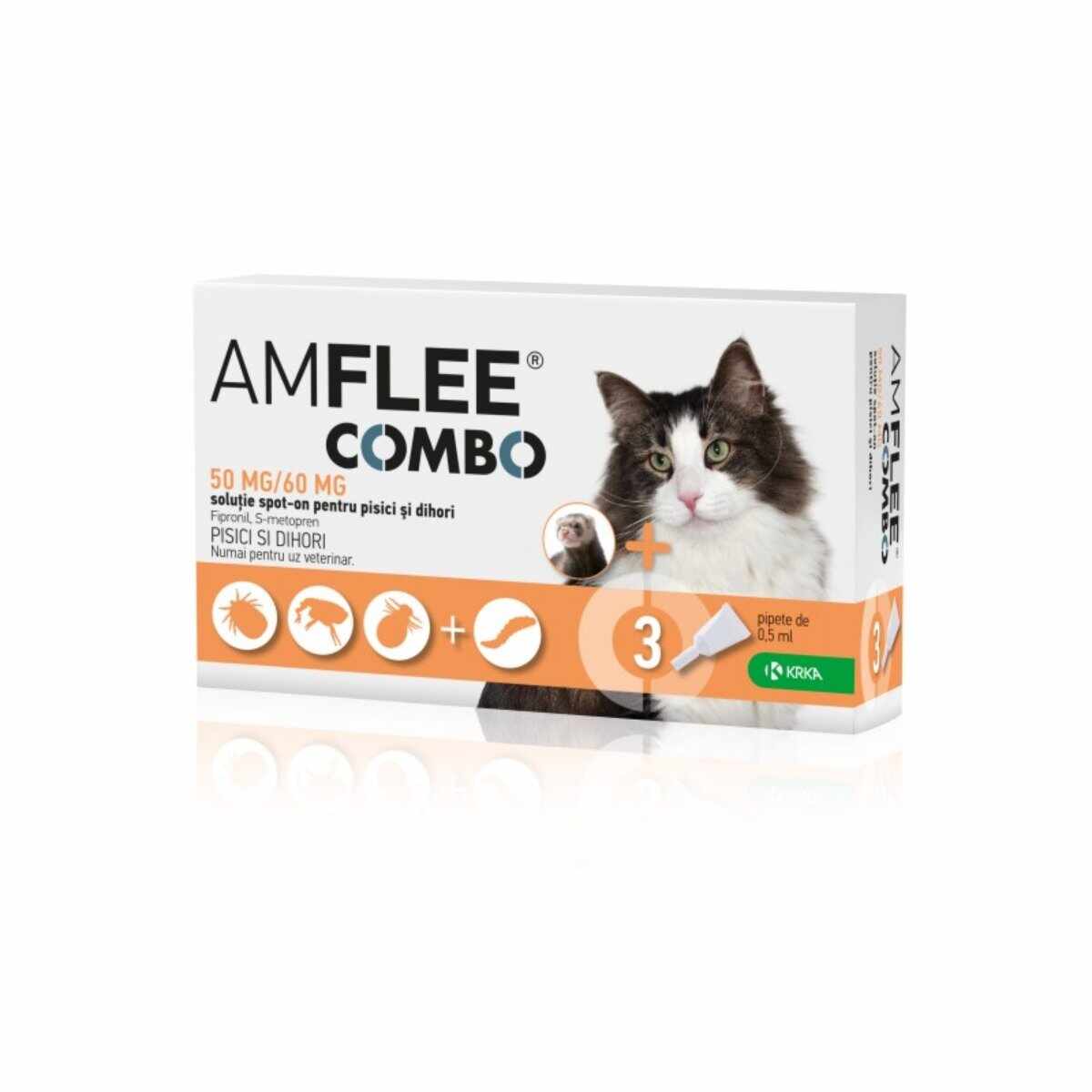 AMFLEE Combo Cat, spot-on, soluție antiparazitară, pisici si dihori, 3 pipete