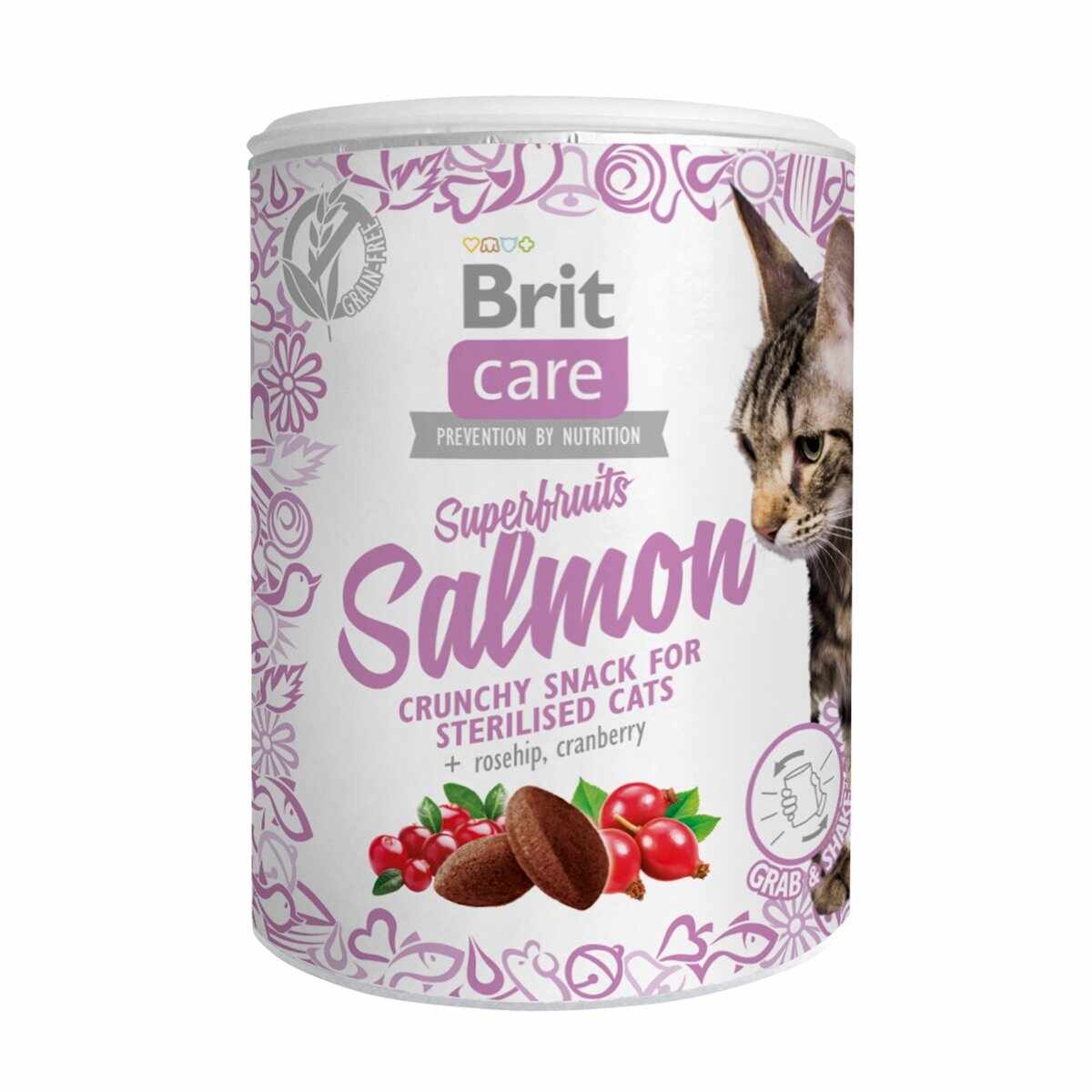 BRIT Care Snack Superfruits, Somon și Măceșe, recompense fără cereale pisici sterilizate, 100g