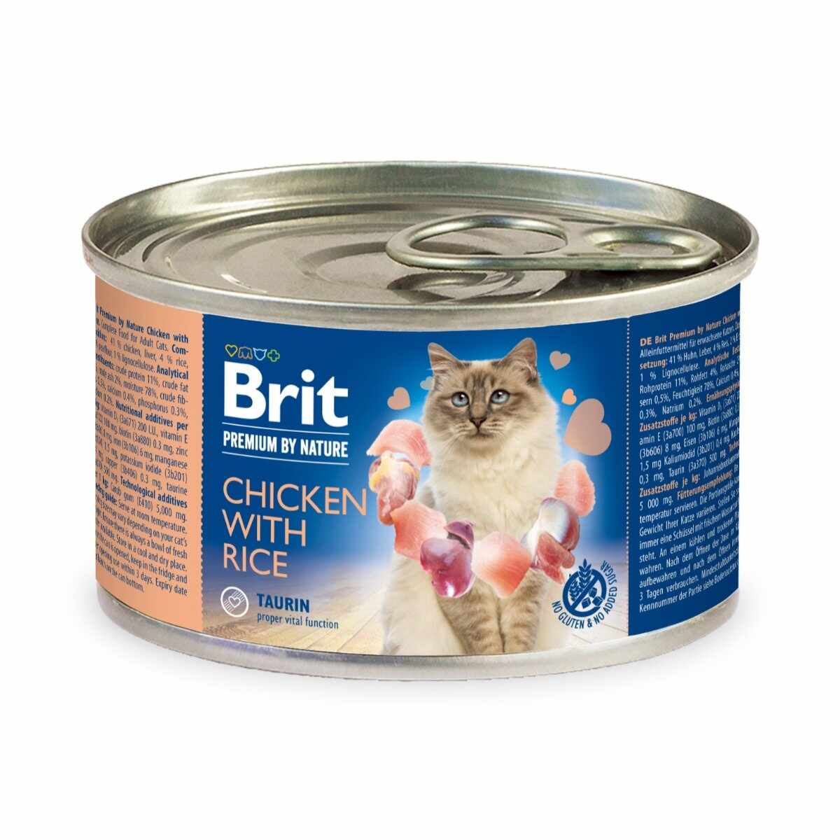 BRIT Premium By Nature, Pui cu Orez, conservă hrană umedă monoproteică conținut redus cereale pisici, (pate), 200g