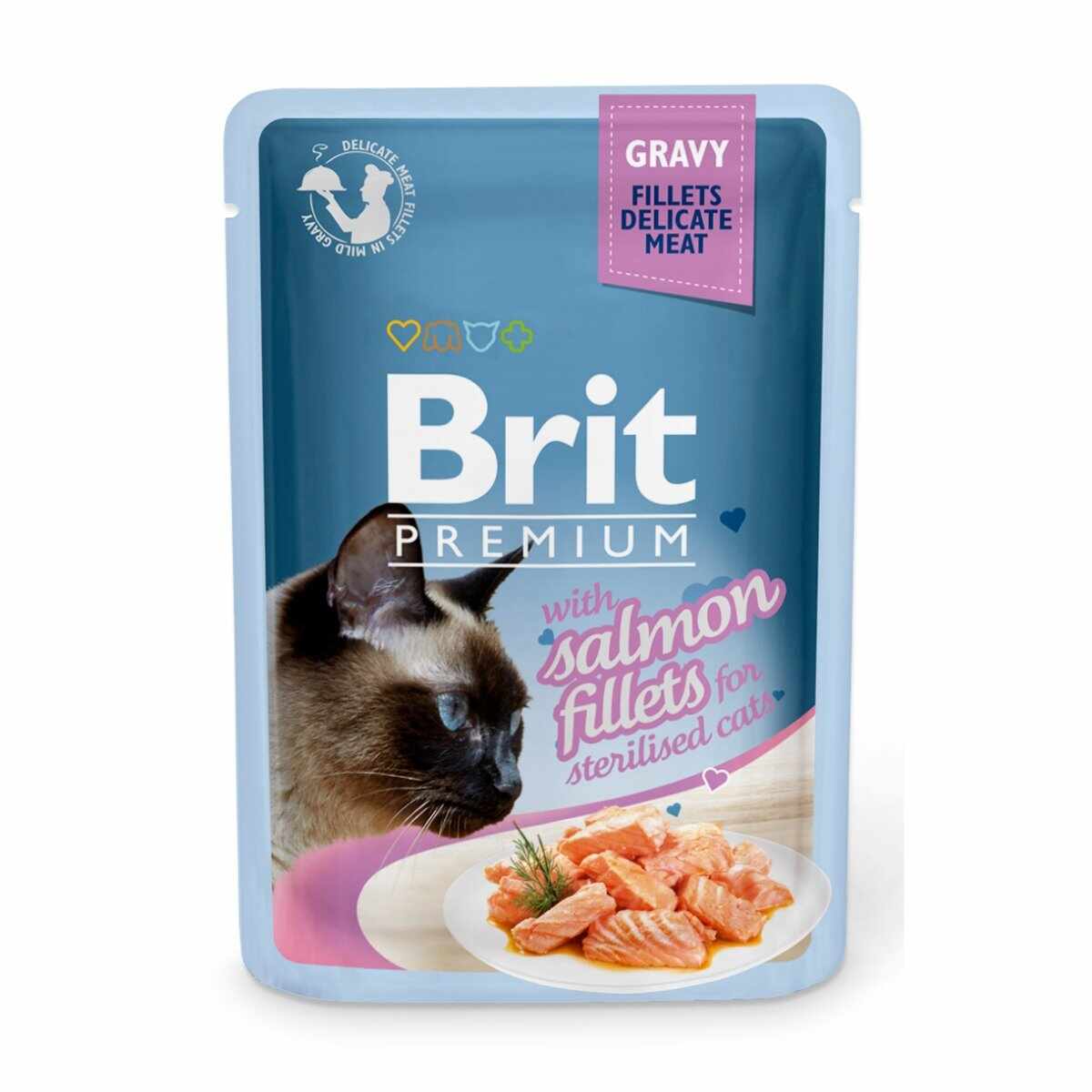 BRIT Premium Sterilised, File Somon, plic hrană umedă pisici sterilizate, 85g