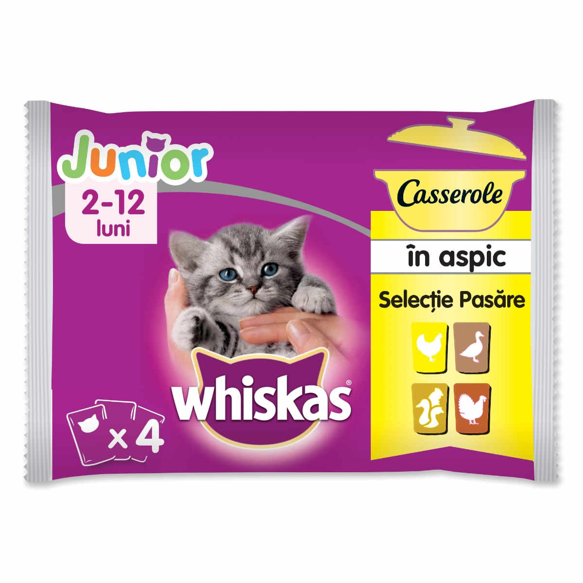 WHISKAS Casserole Selecții Pasăre Junior, 4 arome, pachet mixt, plic hrană umedă pisici junior, (în aspic), 85g x 4