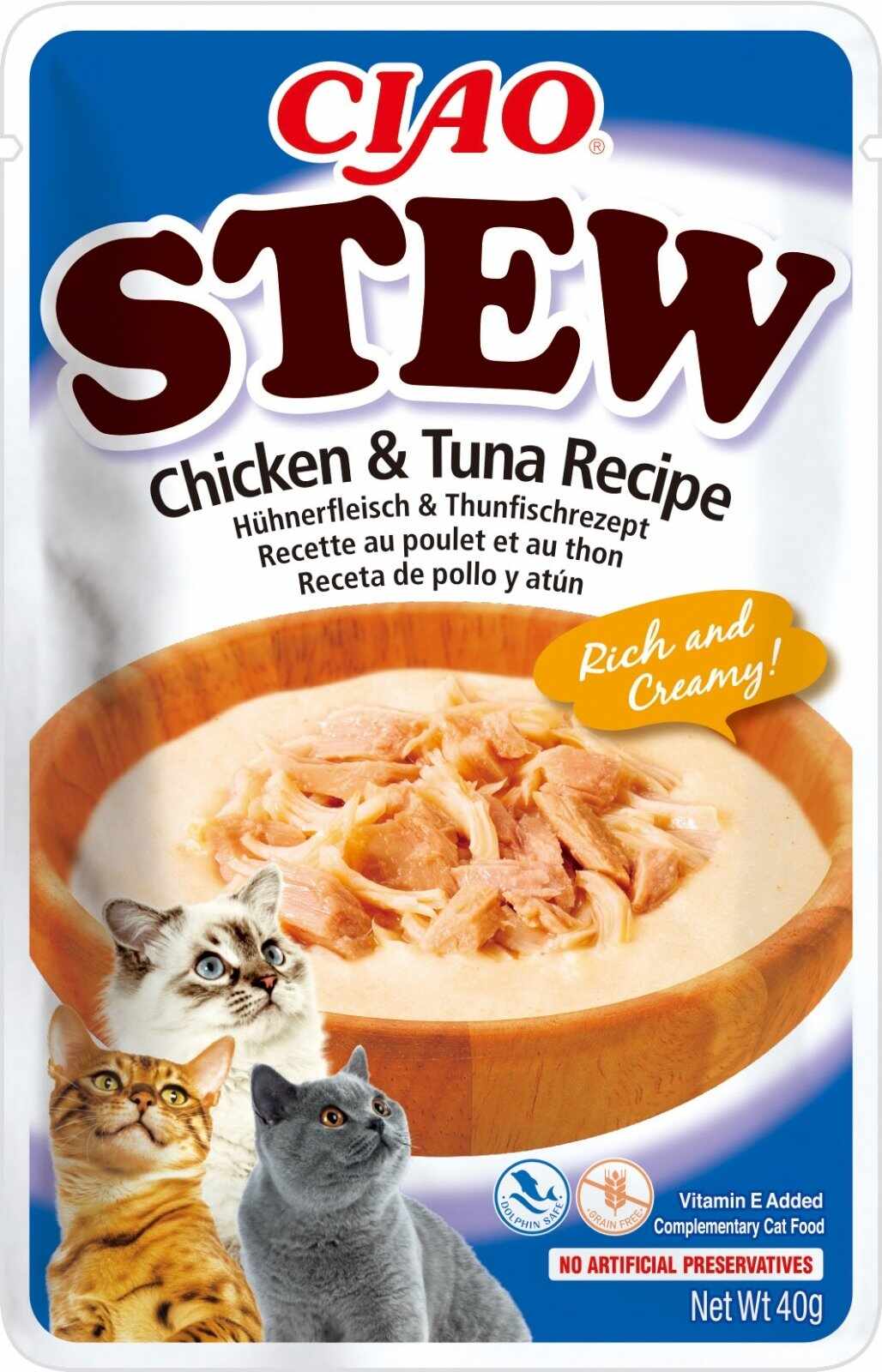 INABA Ciao Stew, Pui și Ton, plic hrană umedă fără cereale pisici, (în sos), 40g