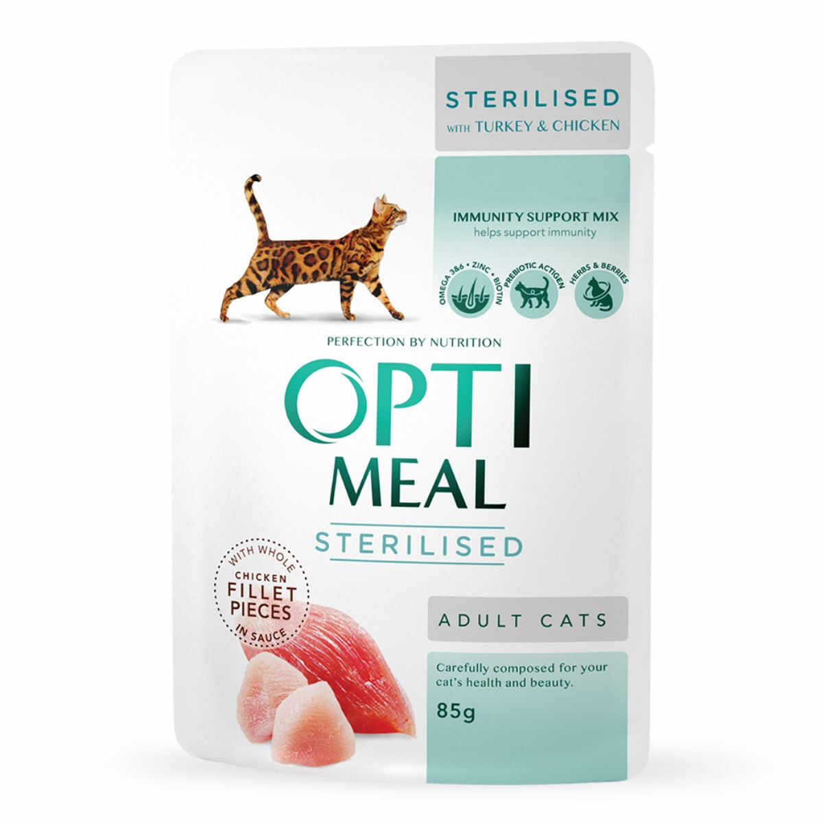 OPTIMEAL Sterilised, Pui și Curcan, hrană umedă pisici sterilizate, (în sos) OPTIMEAL Sterilised, Pui și Curcan, plic hrană umedă pisici sterilizate, (în sos), 85g