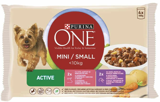 PURINA ONE Mini Active Hrană umedă pentru câini, Vită/Raţă 4x100g
