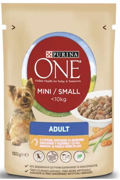 PURINA ONE Mini ADULT Plic hrană umedă pentru câini Pui/Morcov 100g