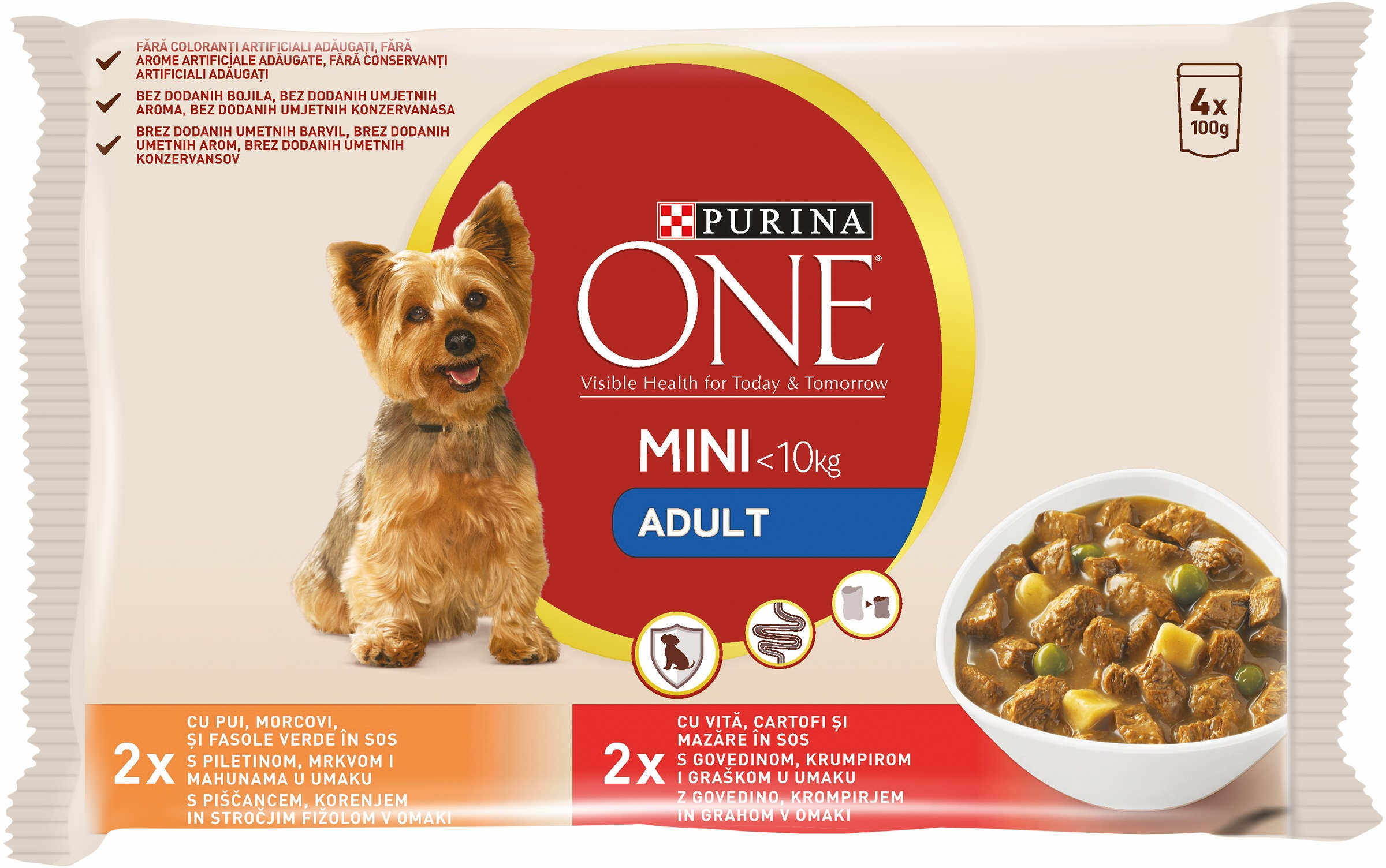 PURINA ONE Mini Hrană umedă pentru câini Pui/Vită, 4x100g