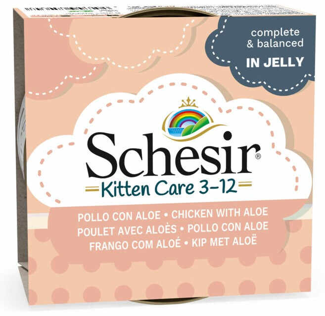 SCHESIR KITTEN Care 3-12 Conservă pentru pisicuţe, cu Pui şi Aloe 85g