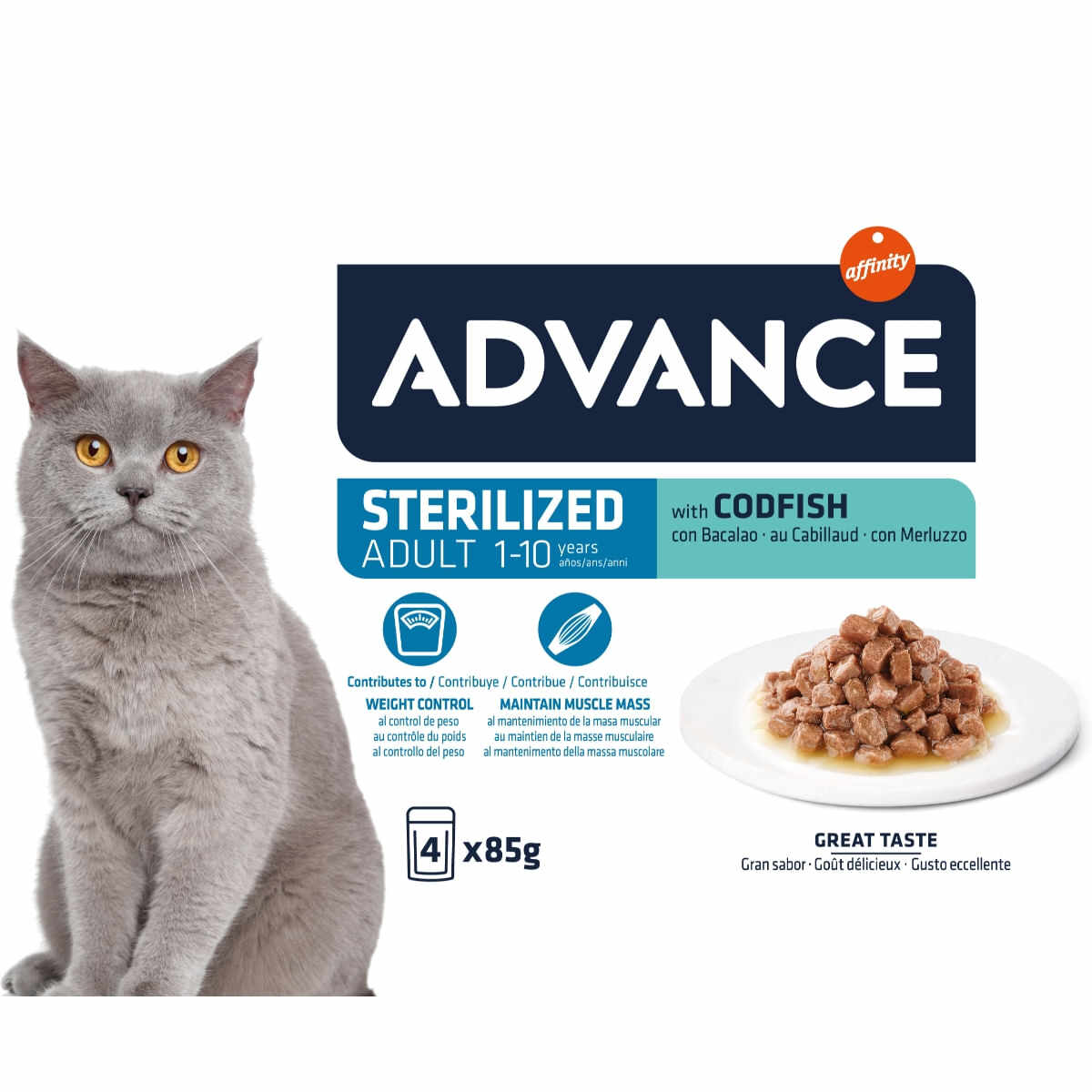ADVANCE Sterilised, Cod, hrană umedă pisici sterilizate, (în sos) ADVANCE Sterilised, Cod, plic hrană umedă pisici sterilizate, (în sos), multipack, 85g x 4buc