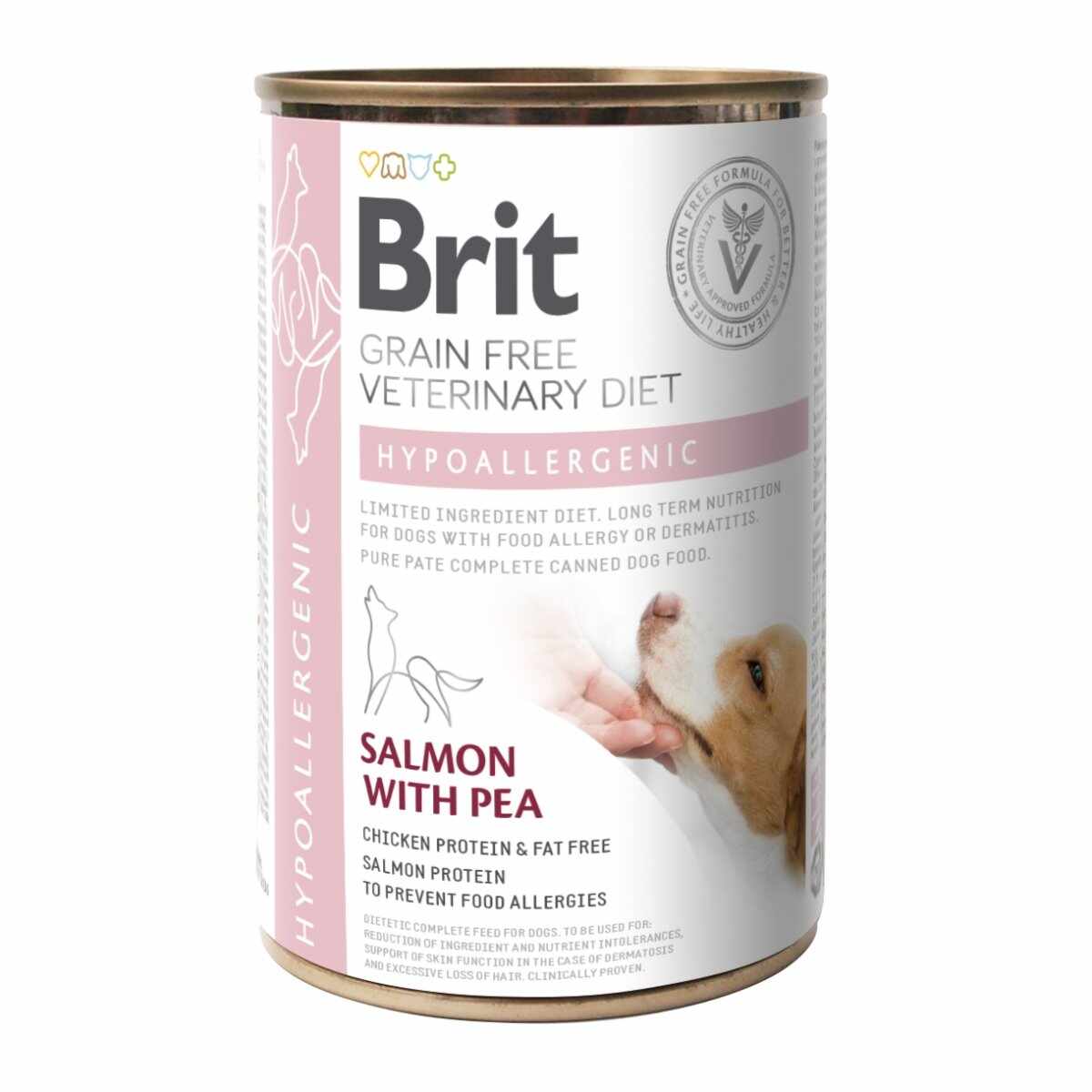 BRIT GF Veterinary Diet Hypoallergenic, Somon cu Mazăre, dietă veterinară câini, conservă hrană umedă fără cereale, afecțiuni digestive, 400g