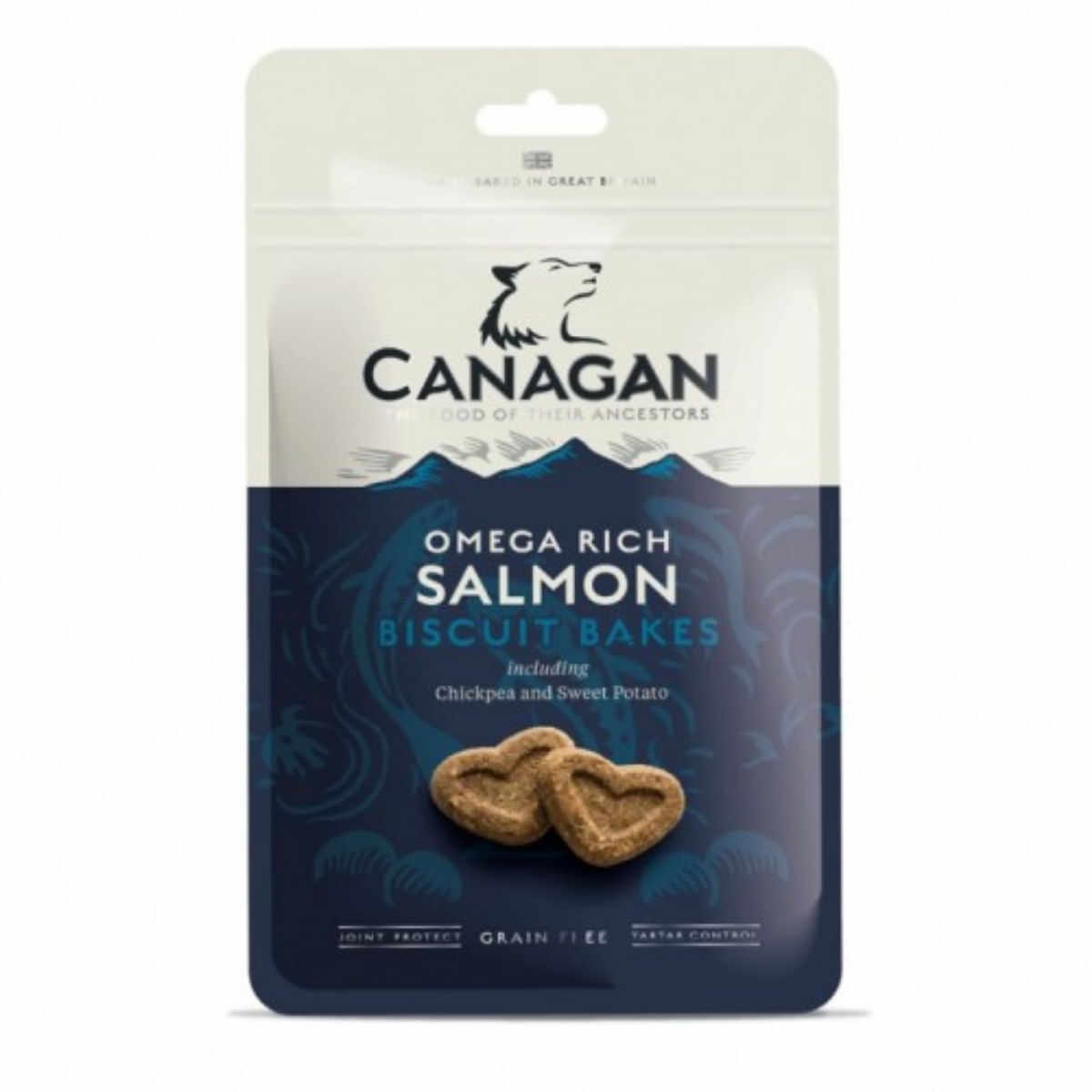 CANAGAN Omega Rich Salmon Biscuit Bakes, XS-XL, Somon, punguță recompense fără cereale câini junior & adult, 150g