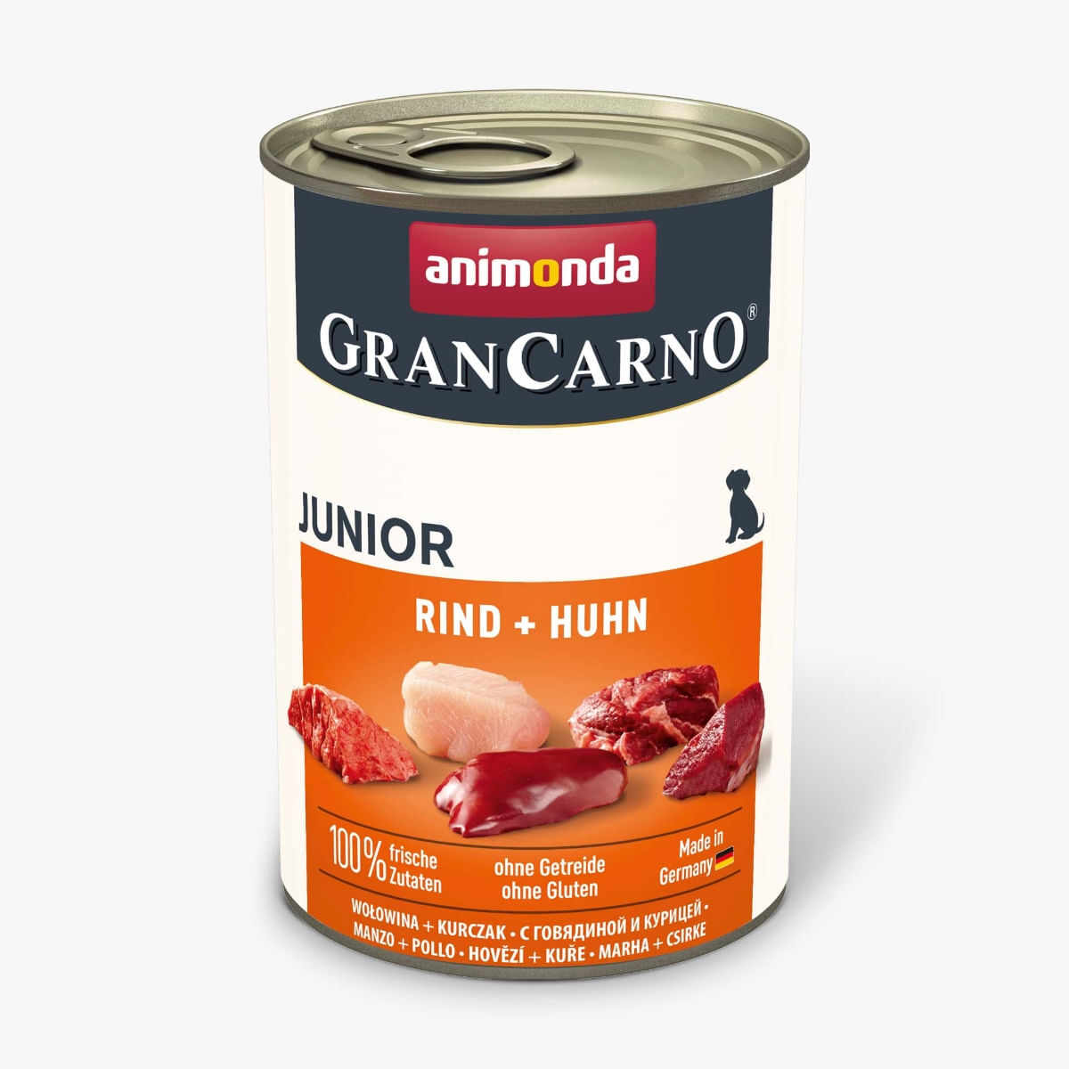 GRANCARNO, Junior, vită și pui, conservă hrană umedă câini, (in aspic) GRANCARNO, XS-M, Vită și Pui, conservă hrană umedă fără cereale câini junior, (în aspic), 400g