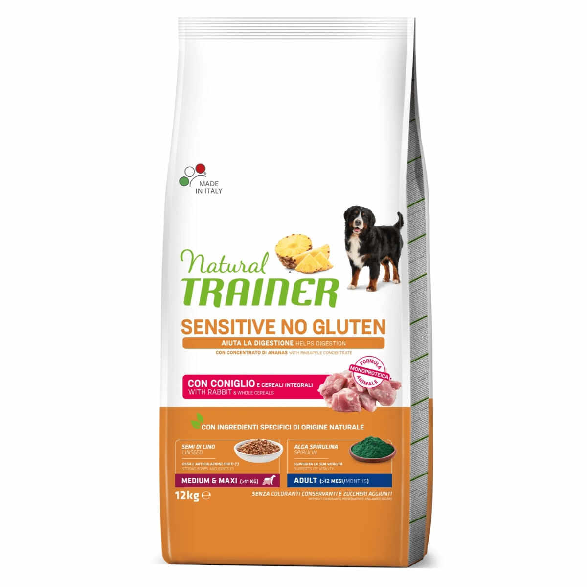 NATURAL TRAINER Sensitive No Gluten, M-XL, Iepure, hrană uscată monoproteică câini, sistem digestiv, 12kg