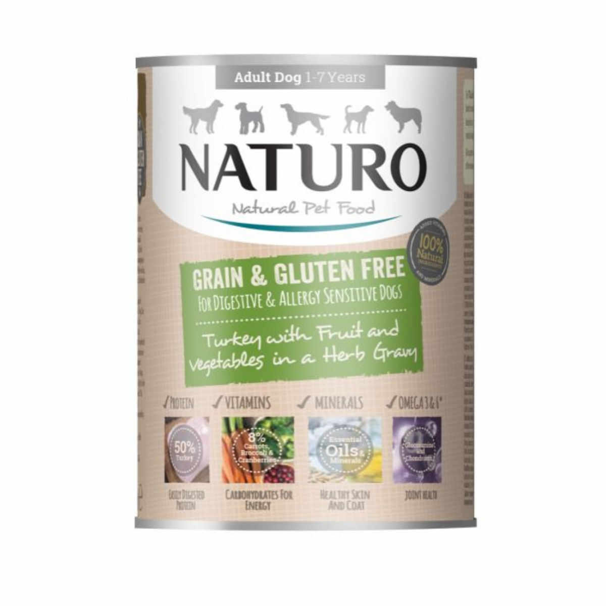 NATURO Grain Free, XS-L, Curcan și Legume, conservă hrană umedă fără cereale câini, (în sos), 390g