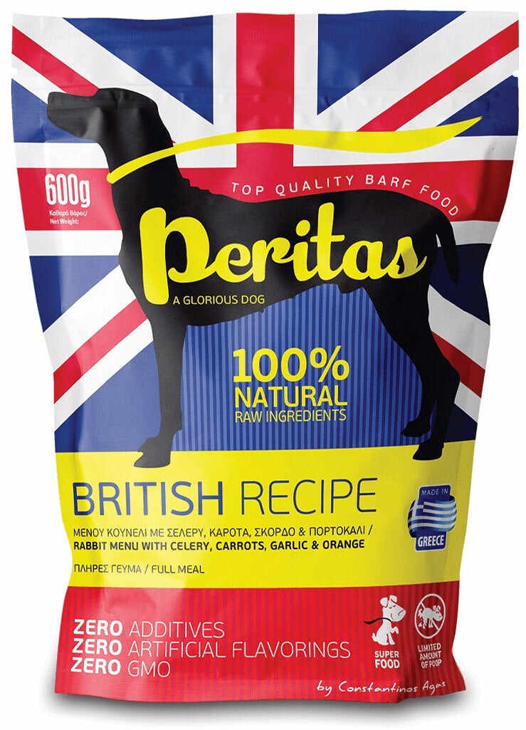 PERITAS Meniu Britanic, hrană crudă congelată pentru câini, Iepure 600g