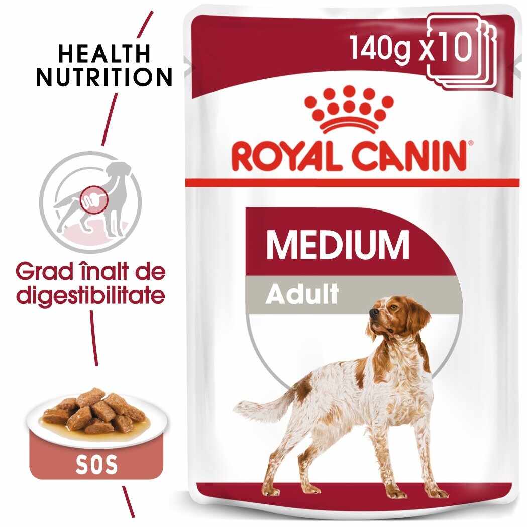 Royal Canin Medium Adult, hrană umedă câini, (în sos) Royal Canin Medium Adult, bax hrană umedă câini, (în sos), 140g x 10