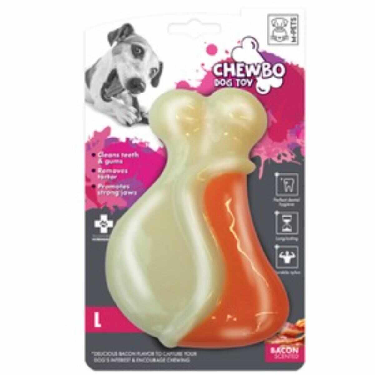M-PETS Chewbo Leg, jucărie de ros, aromă Bacon, câini, dentiție, cauciuc M-PETS Chewbo Leg, jucărie de ros, aromă Bacon, câini M-L, dentiție, cauciuc, alb și portocaliu, 9.3cm