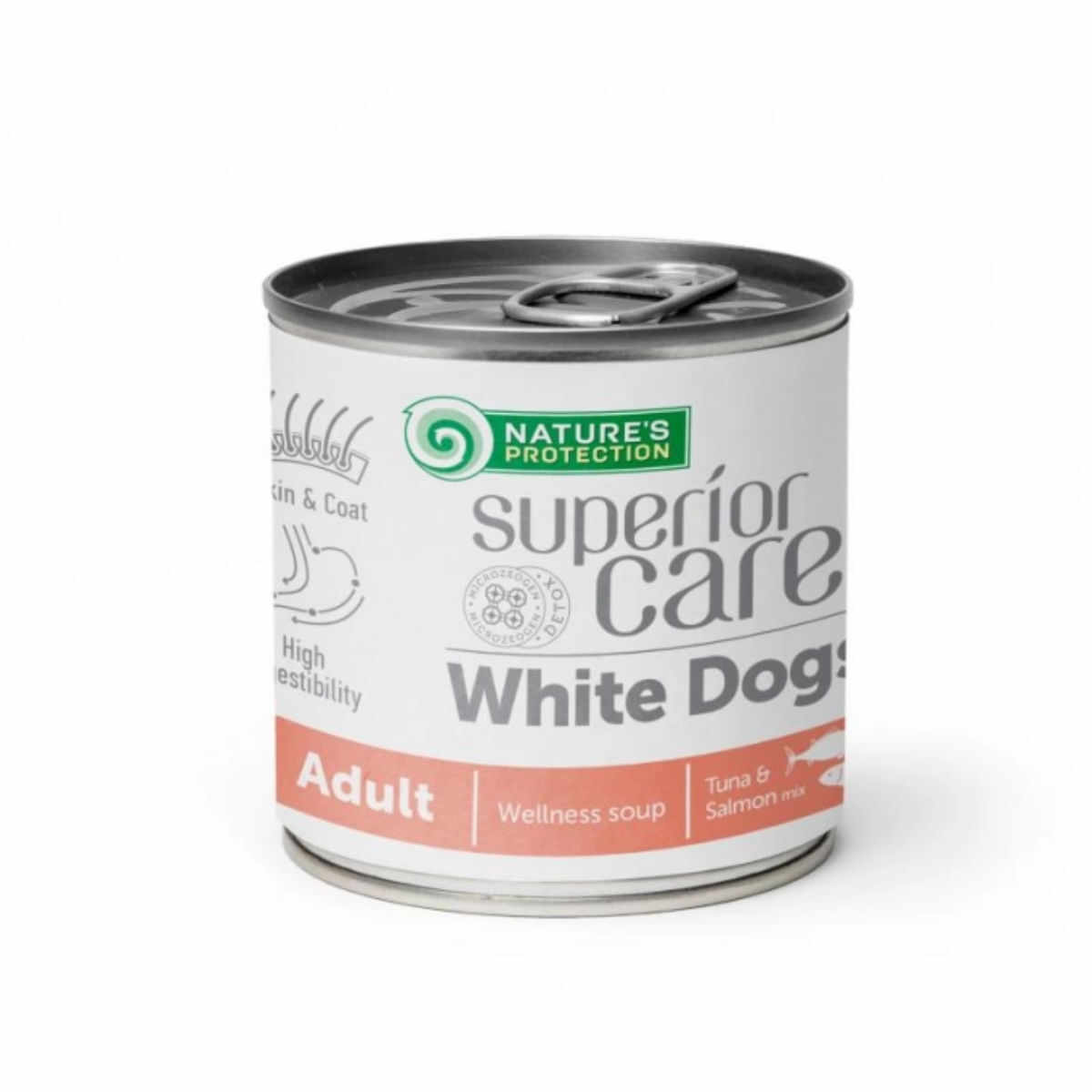 NATURES PROTECTION Superior Care White Dogs, XS-XL, Ton și Somon, conservă hrană lichidă fără cereale câini, piele & blană, 140ml