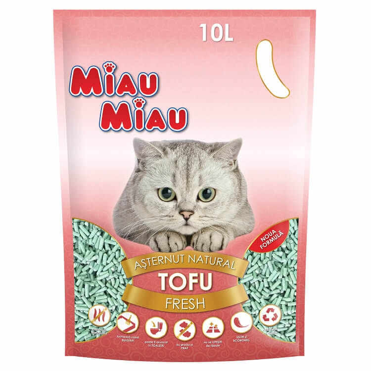 MIAU MIAU, Fresh, așternut igienic pisici, peleți, tofu, aglomerant, ecologic, biodegradabil, 10l