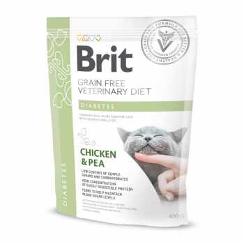 BRIT GF Veterinary Diet Diabetes, Pui cu Mazăre, dietă veterinară pisici, hrană uscată fără cereale, afecțiuni metabolice (diabet), 400g