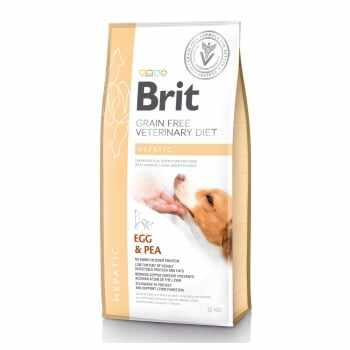 BRIT GF Veterinary Diet Hepatic, Ou și Mazăre, dietă veterinară câini, hrană uscată fără cereale, afecțiuni hepatice, 12kg