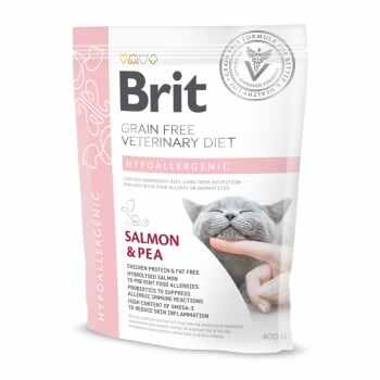 BRIT GF Veterinary Diet Hypoallergenic, Somon cu Mazăre, dietă veterinară pisici, hrană uscată fără cereale, afecțiuni digestive și dermatologice, 400g