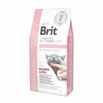 BRIT GF Veterinary Diet Hypoallergenic, Somon cu Mazăre, dietă veterinară pisici, hrană uscată fără cereale, afecțiuni digestive și dermatologice, 5kg