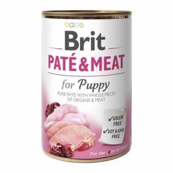 BRIT Pate & Meat Puppy, Pui și Curcan, conservă hrană umedă fără cereale câini junior, (pate cu bucăți de carne), 400g