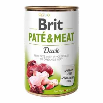 BRIT Pate & Meat, Rață, conservă hrană umedă fără cereale câini, (pate cu bucăți de carne), 400g
