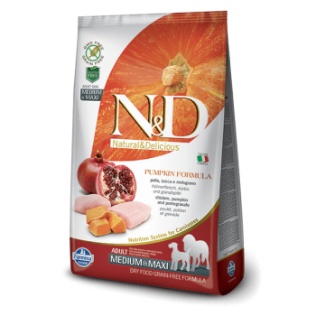 N&D Grain Free Adult Medium si Maxi, Pui, Rodie si Dovleac, 2.5 Kg