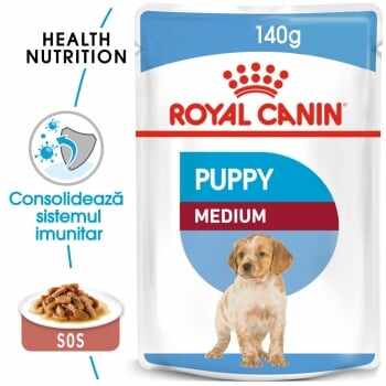 Royal Canin Medium Puppy, plic hrană umedă câini junior, (în sos), 140g