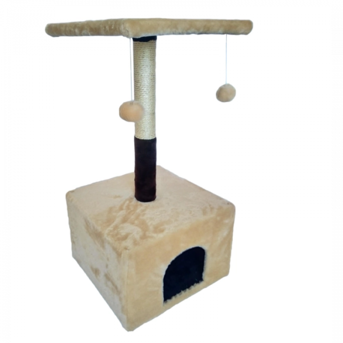 Ansamblu de joaca pentru pisici tip turn cu platforma, casuta si ciucuri culoare bej 50 x 35 x 38 cm