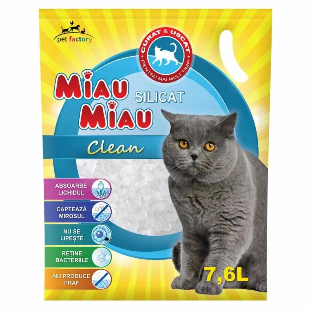 MIAU MIAU Clean, neparfumat, așternut igienic pisici, granule, silicat, neaglomerant, neutralizare mirosuri, 7.6l