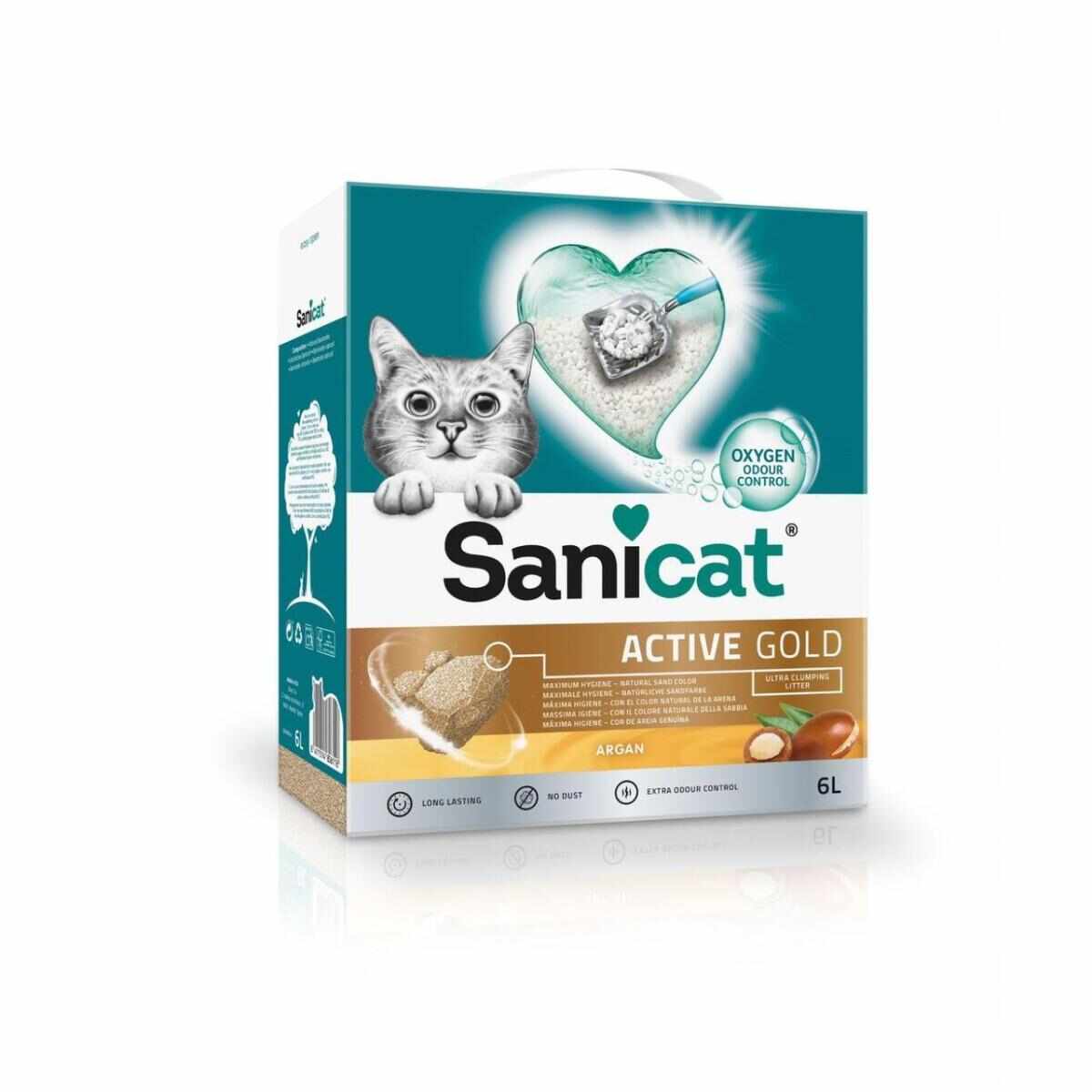 SANICAT Active Gold, Argan, așternut igienic pisici, granule, bentonită, aglomerant, neutralizare mirosuri, 6l