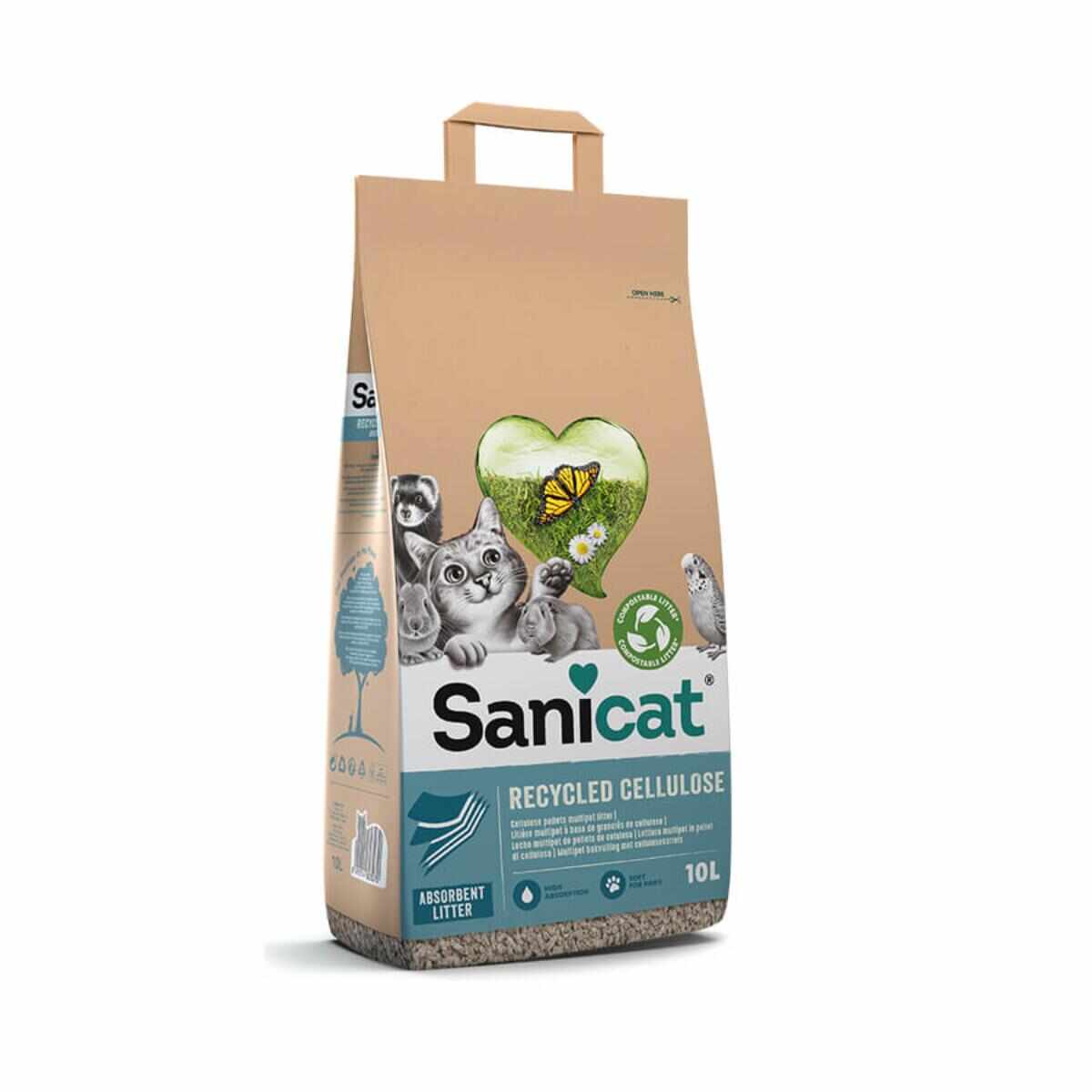 SANICAT Recycled Cellulose, neparfumat, așternut igienic pisici, peleți, celuloza, neaglomerant, ecologic, biodegradabil, 10l